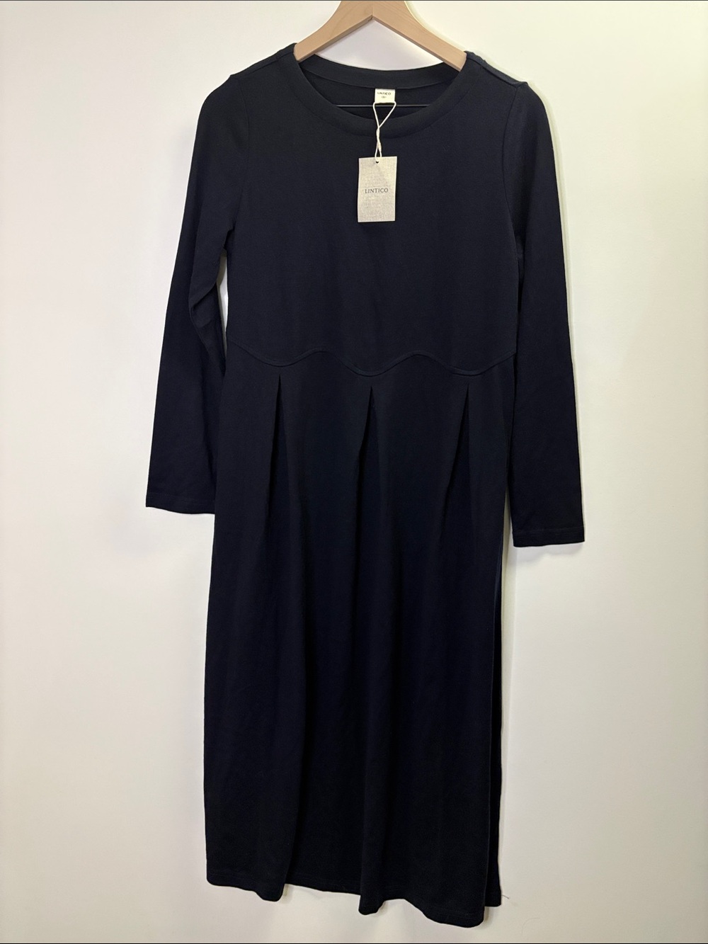 Lintico Navy Long Sleeve Midi Knit Fit Flare Dress Pockets Small NEW